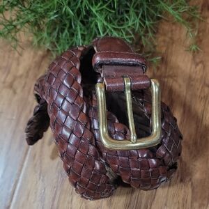 Eddie Bauer Braided Brown Leather Belt with Brass Buckle Unisex